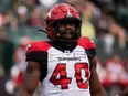 Calgary Stampeders' Shawn Lemon (40) taunts the Edmonton Elks during first half CFL football action at Commonwealth Stadium in Edmonton, on Saturday, Sept. 11, 2021.