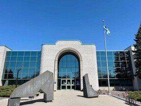 The Longueuil, Que., provincial courthouse is seen on Monday, April 22, 2024.