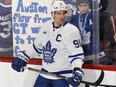 John Tavares of the Toronto Maple Leafs warms up.