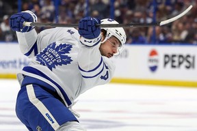 Maple Leafs' Auston Matthews shoots against the Tampa Bay Lightning during the first period at the Amalie Arena on April 17, 2024 in Tampa, Fla.