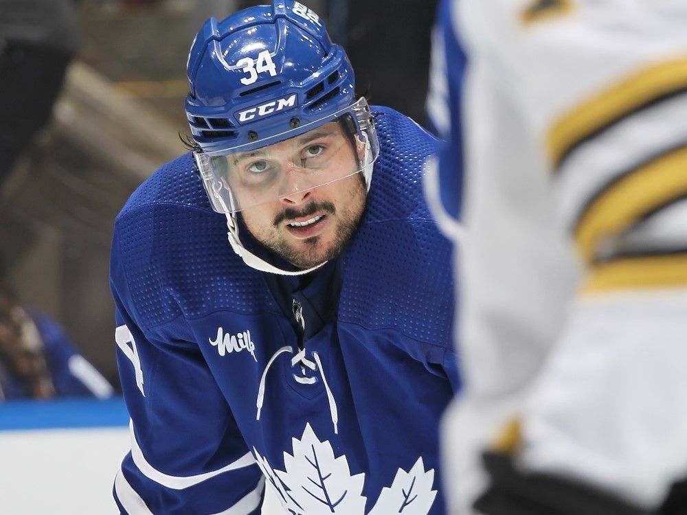 Maple Leafs forward Auston Matthews takes a breather between whistles against the Bruins in Game Four of the First Round of the 2024 Stanley Cup Playoffs at Scotiabank Arena in Toronto, Saturday, April 27, 2024.