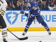 Maple Leafs forward Auston Matthews partially fans on a shot against the Bruins in Game Four of the First Round of the 2024 Stanley Cup Playoffs at Scotiabank Arena in Toronto, Saturday, April 27, 2024.