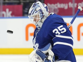 Maple Leafs goaltender Ilya Samsonov makes a save during the third period against the Florida Panthers in Toronto on Monday, April 1, 2024.
