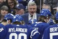 Maple Leafs head coach Sheldon Keefe speaks to his players late in the third period against the Florida Panthers in Toronto on Monday, April 1, 2024.