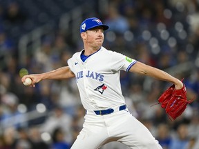 Blue Jays pitcher Chris Bassitt delivers during the first inning against the New York Yankees in Toronto on Monday, April 15, 2024.