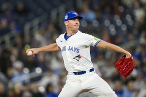 Blue Jays pitcher Chris Bassitt delivers during the first inning against the New York Yankees in Toronto on Monday, April 15, 2024.