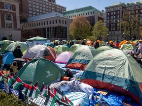 Pro-Palestinian supporters set up a protest encampment on the campus of Columbia University in New York City on Monday, April 22, 2024.