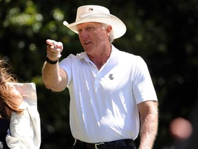 Greg Norman of Australia, CEO and Commissioner of the LIV Golf Tour, walks down the fourth hole during the second round of the 2024 Masters Tournament at Augusta National Golf Club on April 12, 2024 in Augusta, Ga.
