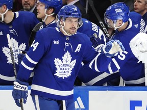 Maple Leafs' Auston Matthews celebrates his goal against the Pittsburgh Penguins during the third period in Toronto on Monday, April 8, 2024.