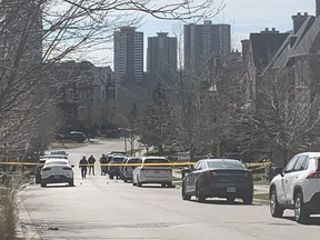 Toronto Police work the scene of a shooting Monday, April 1, 2024 in a residential area at Hampton Park Crescent and True Davidson Drive.