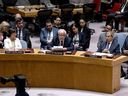 Palestinian Ambassador to the United Nations Riyad Mansour, centre, addresses the Security Council at UN headquarters, Monday, March 25, 2024, after a vote that passed a ceasefire resolution in Gaza during the Muslim holy month of Ramadan, its first demand to halt fighting.