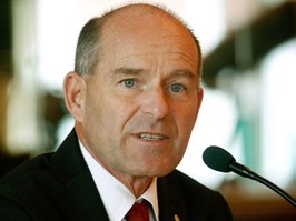 Picture taken Oct. 7, 2014, shows Karl-Erivan Haub, billionaire chief of Germany's sprawling Tengelmann retail group, during a press conference in Muelheim an der Ruhr, Germany.