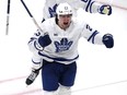 Leafs winger Matthew Knies scores the game winner against Boston.