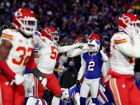 Mike Danna #51 of the Kansas City Chiefs celebrates after Tyler Bass #2 of the Buffalo Bills missed a 44 yard field goal attempt during the fourth quarter in the AFC Divisional Playoff game at Highmark Stadium on Jan. 21, 2024 in Orchard Park, N.Y.