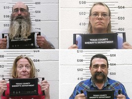 This combination of booking photo provided by the Oklahoma State Bureau of Investigation shows Tad Bert Cullum, top left, Cora Twombly, top right, Tifany Machel Adams, bottom left, and Cole Earl Twombly, bottom right.