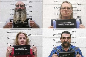 This combination of booking photo provided by the Oklahoma State Bureau of Investigation shows Tad Bert Cullum, top left, Cora Twombly, top right, Tifany Machel Adams, bottom left, and Cole Earl Twombly, bottom right.
