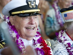 Lou Conter, an Arizona crewman, attends ceremonies for the 75th anniversary of the Japanese attack on Pearl Harbor, Dec. 7, 2016, in Honolulu.