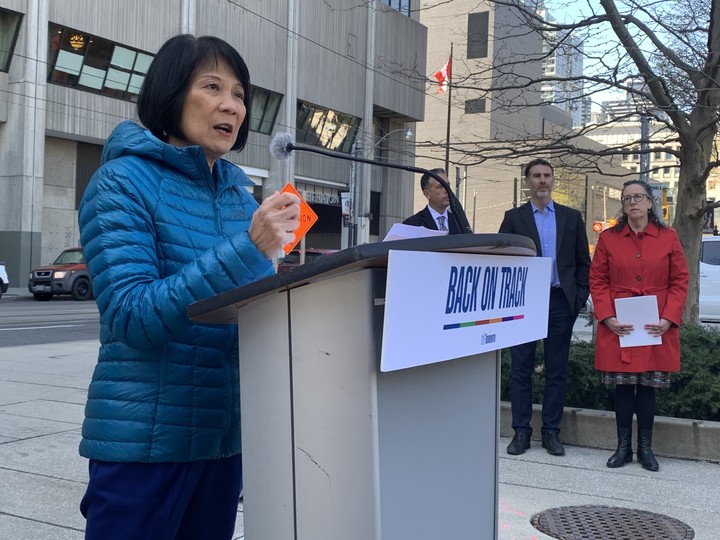  Toronto Mayor Olivia Chow announces new-and-improved sidewalk litter bins at a news conference at Nathan Philips Square on Thursday, April 25, 2024.