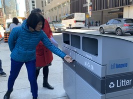 Toronto Mayor Olivia Chow announces new-and-improved sidewalk litter bins at a news conference at Nathan Philips Square on Thursday, April 25, 2024.