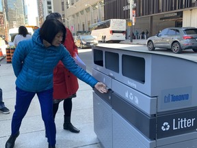 Toronto Mayor Olivia Chow announces new-and-improved sidewalk litter bins at a news conference at Nathan Philips Square on Thursday, April 25, 2024.