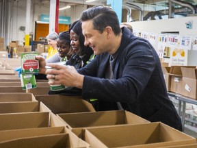 Pierre Poilievre smiles while sorting food in boxes