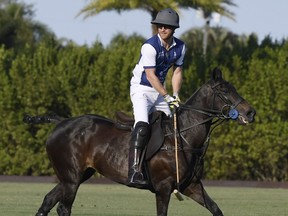 Prince Harry, Duke of Sussex, competes during the Royal Salute Polo Challenge benefitting Sentebale at Grand Champions Polo Club in Wellington, Fla., April 12, 2024.