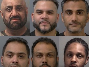 Arrested so far in connection with Project 24K are: (top row from left to right) Air Canada employee Parmpal Sidhu, 54, of Brampton, Amit Jalota, 40, of Oakville, Ammad Chaudhary, 43, of Georgetown, (bottom row from left to right) Ali Raza, 37, of Toronto, Prasath Paramalingam, 35, of Brampton, and Durante King-Mclean, a 25-year-old man from Brampton, who is currently in custody in the U.S.