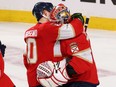 Vladimir Tarasenko congratulates goaltender Sergei Bobrovsky of the Florida Panthers after the 6-1 win against the Tampa Bay Lightning in Game Five of the First Round of the 2024 Stanley Cup Playoffs at the Amerant Bank Arena on April 29, 2024 in Sunrise, Fla.