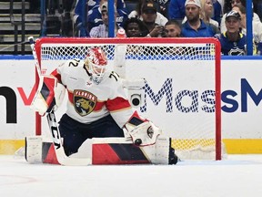 Sergei Bobrovsky of the Florida Panthers makes a save in the first period against the Tampa Bay Lightning during Game Three of the First Round of the 2024 Stanley Cup Playoffs at Amalie Arena on April 25, 2024 in Tampa, Fla.