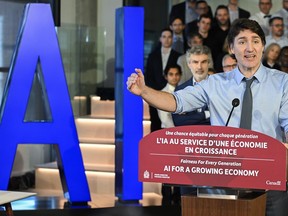 Prime Minister Justin Trudeau speaks during an announcement on innovation for economic growth in advance of the 2024 federal budget in Montreal, Sunday, April 7, 2024.