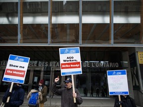 Art Gallery of Ontario employees walk a picket line outside the AGO in Toronto, Tuesday, March 26, 2024.