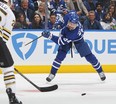 Maple Leafs' Auston Matthews partially fans on a shot against the Boston Bruins in Game 4 at Scotiabank Arena on April 27, 2024 in Toronto.
