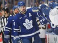 Maple Leafs' Auston Matthews celebrates his 61st goal of the season against the Florida Panthers during the first period at Scotiabank Arena on April 1, 2024 in Toronto.