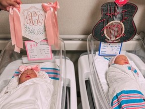 Nicole Davis and Sophie Clark welcomed their babies, Johnny Cash Davis and June Carter Clark, on April 10 at Huntsville Hospital for Women & Children in Huntsville, Ala.
