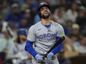 Toronto Blue Jays' Kevin Kiermaier reacts after striking out during the ninth inning of a baseball game against the San Diego Padres, Friday, April 19, 2024, in San Diego. The Toronto Blue Jays have placed centre fielder Kevin Kiermaier on the 10-day injured list with a left hip injury.