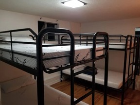 Bunk beds in basement of Airbnb in Toronto.