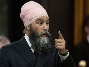 Federal NDP Leader Jagmeet Singh rises during question period in Ottawa, Monday, April 15, 2024.
