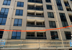 A building at at Church and Dalhousie on April 25, the day after a man was believed to have been pushed to his death from an eighth-floor balcony.