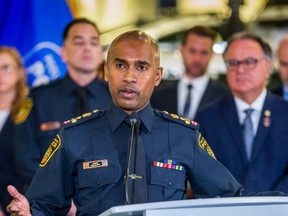 JUNK JUSTICE: Peel Regional Police Chief Nishan Duraiappah reveals details of Project 24K, during a news conference in Brampton on Wednesday, April 17, 2024. ERNEST DOROSZUK/TORONTO SUN