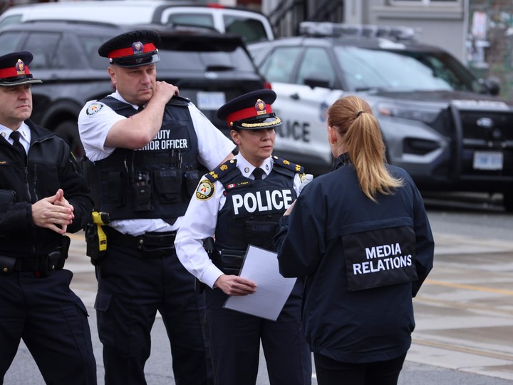  Toronto Police Deputy Chief Lauren Pogue arrives at the scene where a cop was stabbed and the suspect was shot by police out front of a Tim Hortons near College St. and Lansdowne Ave. on Friday, April 12, 2024.