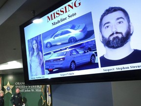 A missing persons flyer for 13-year-old Madeline Soto and primary suspect Stephan Sterns, far right, on display as Orange County Sheriff John Mina and Kissimmee Police Chief Betty Holland depart from a press conference at OCSO headquarters in Orlando, Friday, March 1, 2024, after announcing that their investigation has led them to believe that Soto was killed by Sterns.