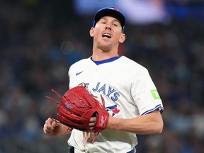 Toronto Blue Jays pitcher Chris Bassitt (40) follows the play against the Seattle Mariners during seventh inning American League MLB baseball action in Toronto on Tuesday, April 9, 2024.