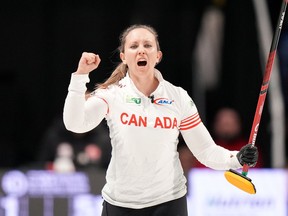 Canada skip Rachel Homan reacts to her game-winning final shot during World Women's Curling Championship action against Turkey in Sydney, N.S., March 20, 2024.