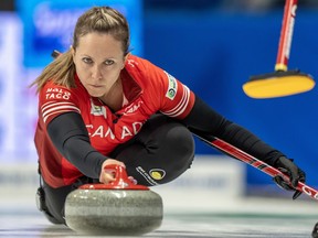 Canada skip Rachel Homan delivers a stone in World Women's Curling Championship action against Estonia in Sydney, N.S. on Thursday, March 21, 2024.
