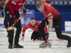 Brad Gushue in action during the final game against Sweden at the Men's World Curling Championship, at the IWC Arena in Schaffhausen, Switzerland, Sunday, April 7, 2024.