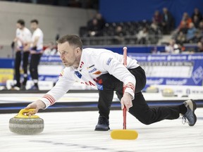Canada's Brad Gushue releases the rock during a match against Sweden at the men's curling world championship at the IWC Arena in Schaffhausen, Switzerland, Thursday, April 4, 2024. Gushue enjoyed quite the bounceback effort on Friday as Canada thumped Japan's Shinya Abe 9-3 in six ends at the world men's curling championship.