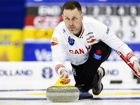 Canada's skip Brad Gushue delivers a stone against the Czech Republic at the men's Curling World Championships in Schaffhausen, Switzerland, Saturday, March 30, 2024. Gushue improved to 4-1 following a 7-4 win over New Zealand's Anton Hood at the world men's curling championship on Tuesday.