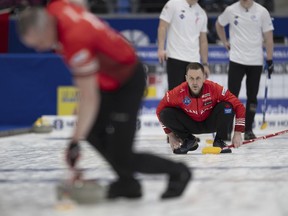 Canada's Skip Brad Gushue in action during their play against Scotland, in the Men's World Curling Championship, at the IWC Arena in Schaffhausen, Switzerland, Saturday, April 6, 2024.