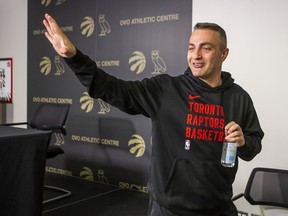 Toronto Raptors head coach Darko Rajakovic waves during a season-ending media availability at the OVO Athletic Centre in Toronto, Ont. on Tuesday April 16, 2024.