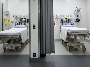 Researchers say First Nations patients are more likely to leave Alberta emergency departments before receiving care than non-Indigenous patients. Treatment rooms in the emergency department at Peter Lougheed hospital are pictured in, Calgary, Alta., Tuesday, Aug. 22, 2023.